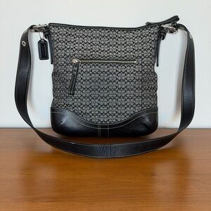 Coach Signature Canvas Crossbody Shoulder Bag Black Leather Trim Logo print